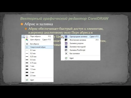 Абрис и заливка Абрис обеспечивает быстрый доступ к элементам, например