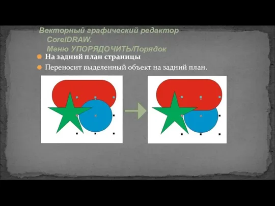 Векторный графический редактор CorelDRAW. Меню УПОРЯДОЧИТЬ/Порядок На задний план страницы Переносит выделенный объект на задний план.