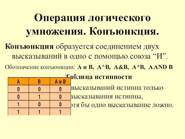 Операция логического умножения. Конъюнкция. Конъюнкция образуется соединением двух высказываний в