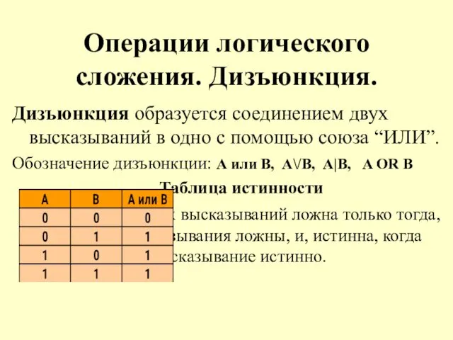 Операции логического сложения. Дизъюнкция. Дизъюнкция образуется соединением двух высказываний в