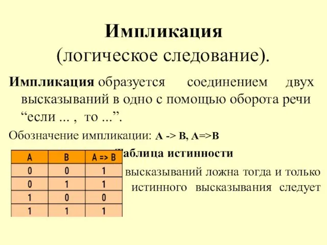 Импликация (логическое следование). Импликация образуется соединением двух высказываний в одно