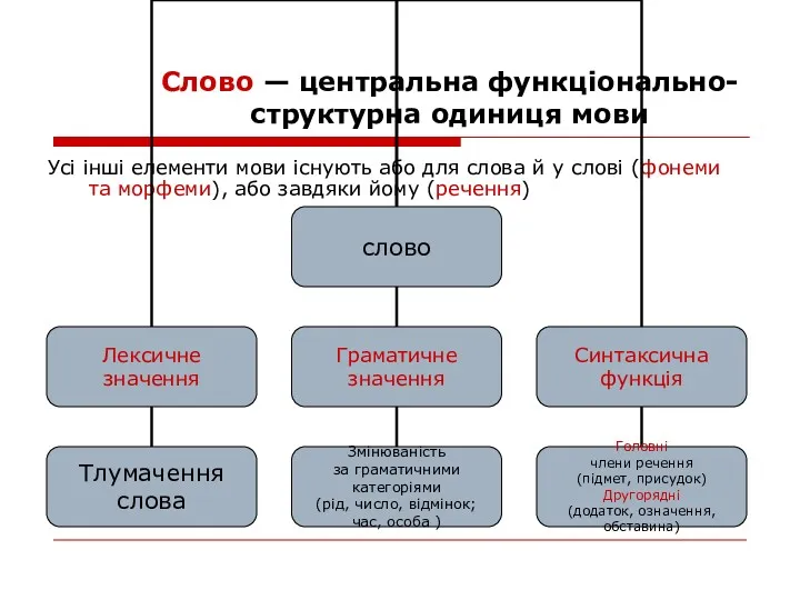 Слово — центральна функціонально-структурна одиниця мови Усі інші елементи мови