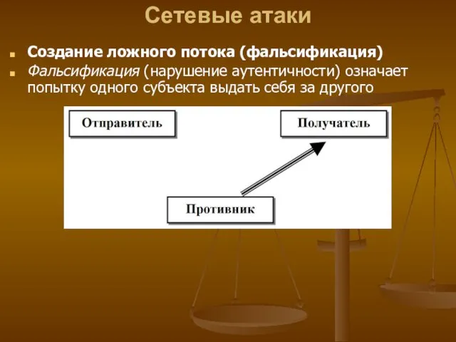 Сетевые атаки Создание ложного потока (фальсификация) Фальсификация (нарушение аутентичности) означает