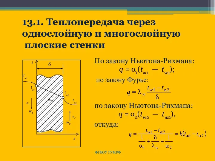 ФГБОУ ГУМРФ 13.1. Теплопередача через однослойную и многослойную плоские стенки