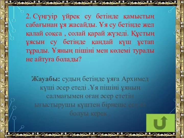 2. Сүңгуір үйрек су бетінде қамыстың сабағынан ұя жасайды. Ұя