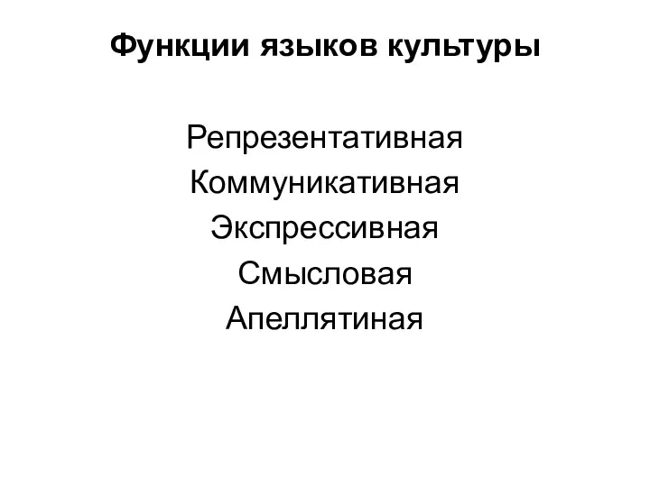 Функции языков культуры Репрезентативная Коммуникативная Экспрессивная Смысловая Апеллятиная