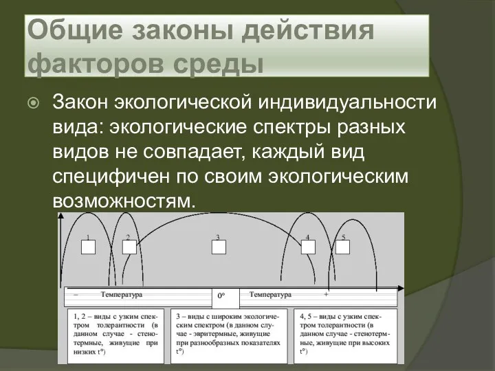 Закон экологической индивидуальности вида: экологические спектры разных видов не совпадает,