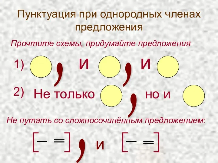 Пунктуация при однородных членах предложения Прочтите схемы, придумайте предложения 1)