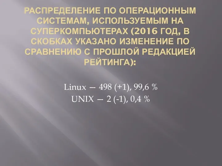 РАСПРЕДЕЛЕНИЕ ПО ОПЕРАЦИОННЫМ СИСТЕМАМ, ИСПОЛЬЗУЕМЫМ НА СУПЕРКОМПЬЮТЕРАХ (2016 ГОД, В