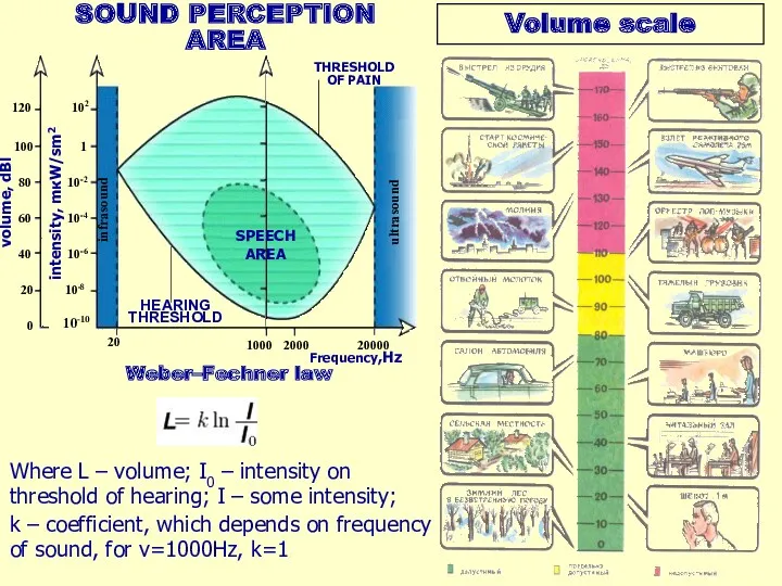 Volume scale Weber–Fechner law Where L – volume; I0 –