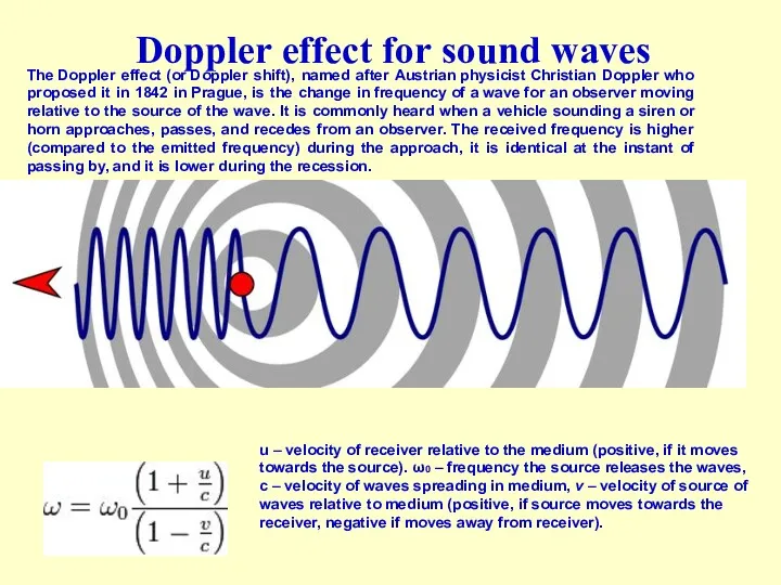 Doppler effect for sound waves u – velocity of receiver