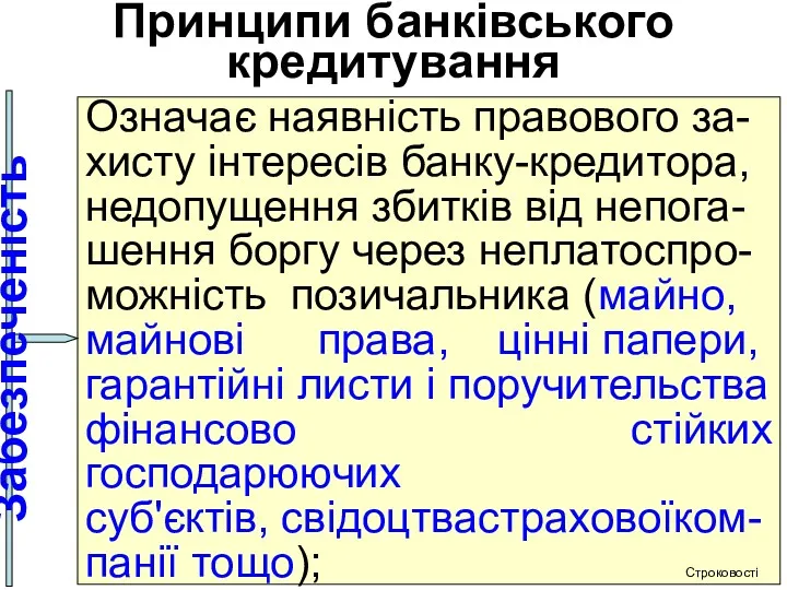 Принципи банківського кредитування Означає наявність правового за- хисту інтересів банку-кредитора,