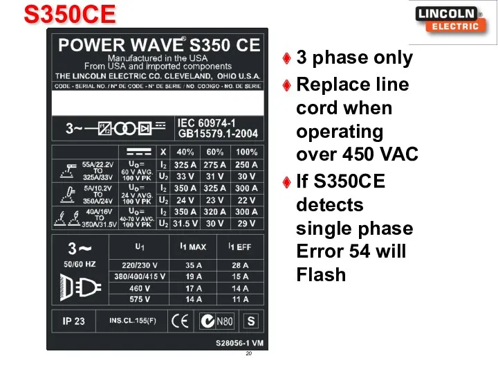 S350CE 3 phase only Replace line cord when operating over