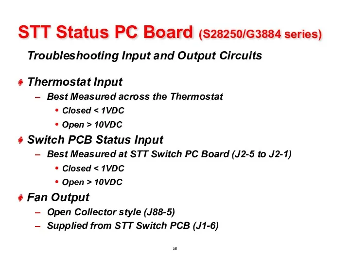 Troubleshooting Input and Output Circuits STT Status PC Board (S28250/G3884