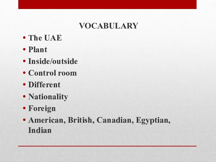 VOCABULARY The UAE Plant Inside/outside Control room Different Nationality Foreign American, British, Canadian, Egyptian, Indian