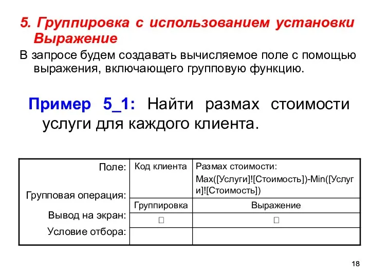 Пример 5_1: Найти размах стоимости услуги для каждого клиента. 5.