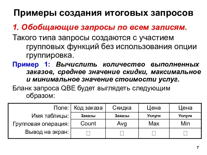 Примеры создания итоговых запросов 1. Обобщающие запросы по всем записям.