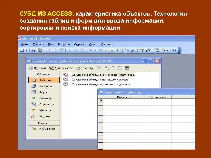 СУБД MS ACCESS: характеристика объектов. Технология создания таблиц и форм