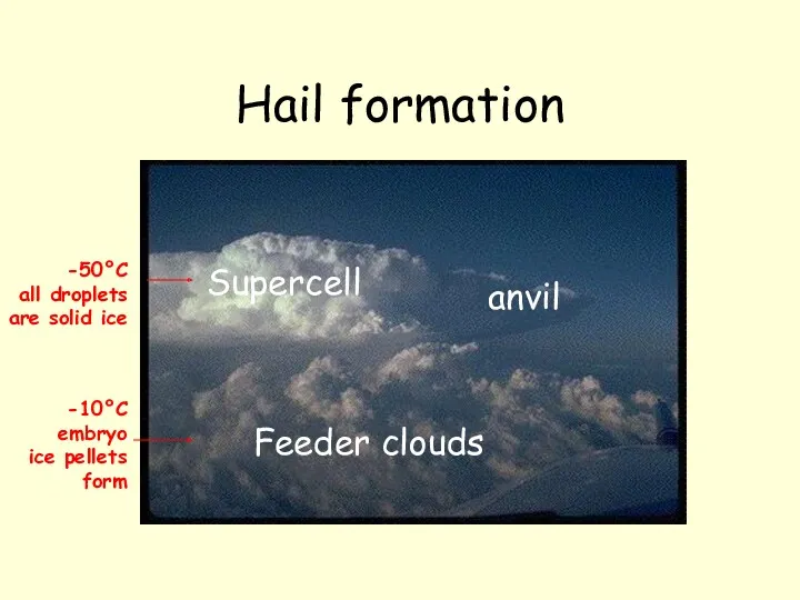 Hail formation Feeder clouds Supercell anvil -10°C embryo ice pellets form -50°C all