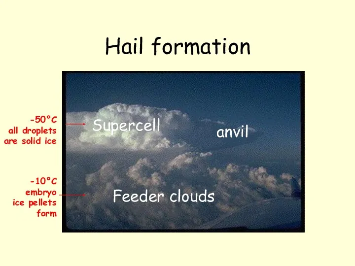 Hail formation Feeder clouds Supercell anvil -10°C embryo ice pellets