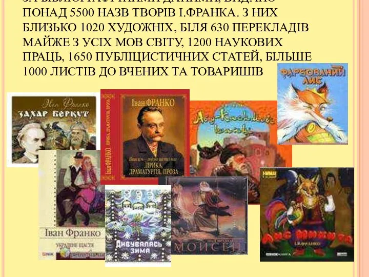 ЗА БІБЛІОГРАФІЧНИМИ ДАНИМИ, ВИДАНО ПОНАД 5500 НАЗВ ТВОРІВ І.ФРАНКА. З