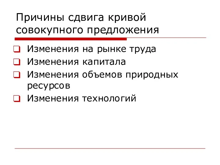 Причины сдвига кривой совокупного предложения Изменения на рынке труда Изменения