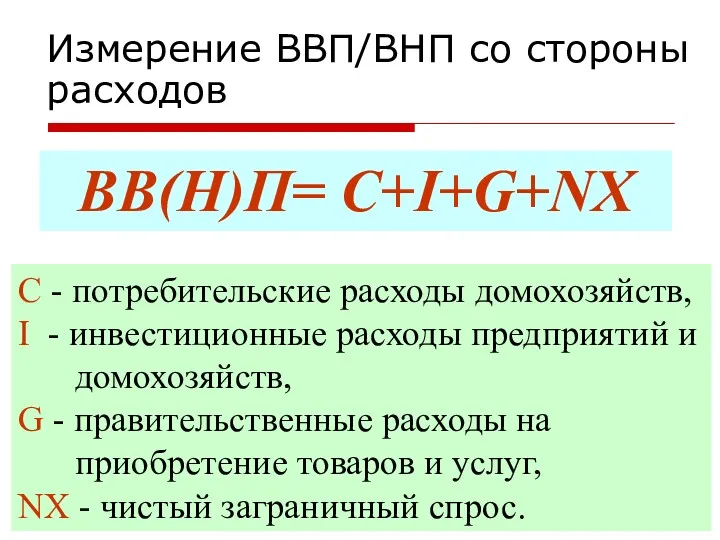 Измерение ВВП/ВНП со стороны расходов С - потребительские расходы домохозяйств,