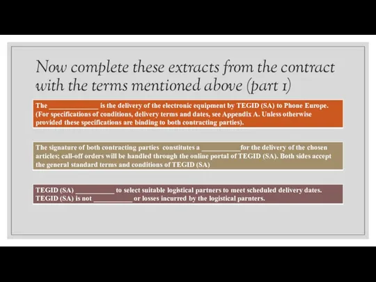 Now complete these extracts from the contract with the terms mentioned above (part 1)