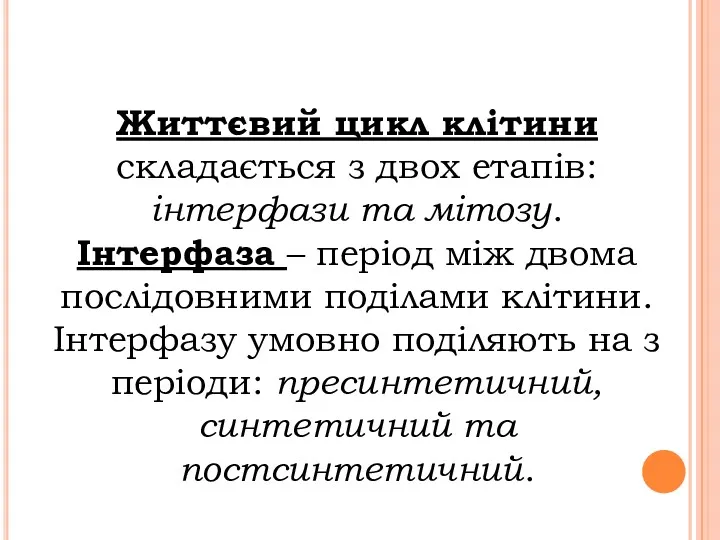 Життєвий цикл клітини складається з двох етапів: інтерфази та мітозу.