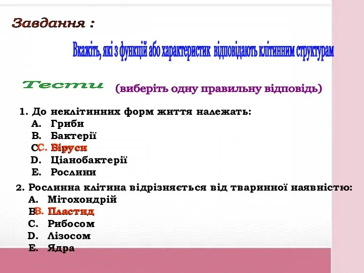 Завдання : Вкажіть, які з функцій або характеристик відповідають клітинним