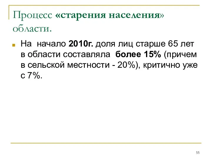 Процесс «старения населения» области. На начало 2010г. доля лиц старше