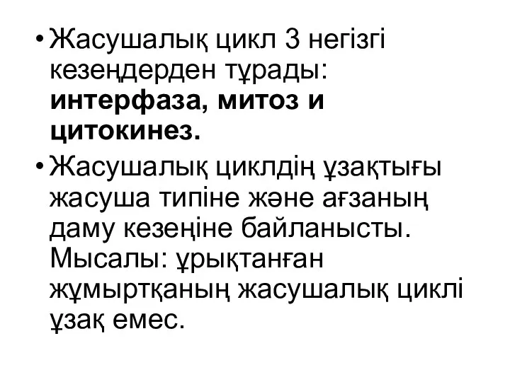 Жасушалық цикл 3 негізгі кезеңдерден тұрады: интерфаза, митоз и цитокинез.