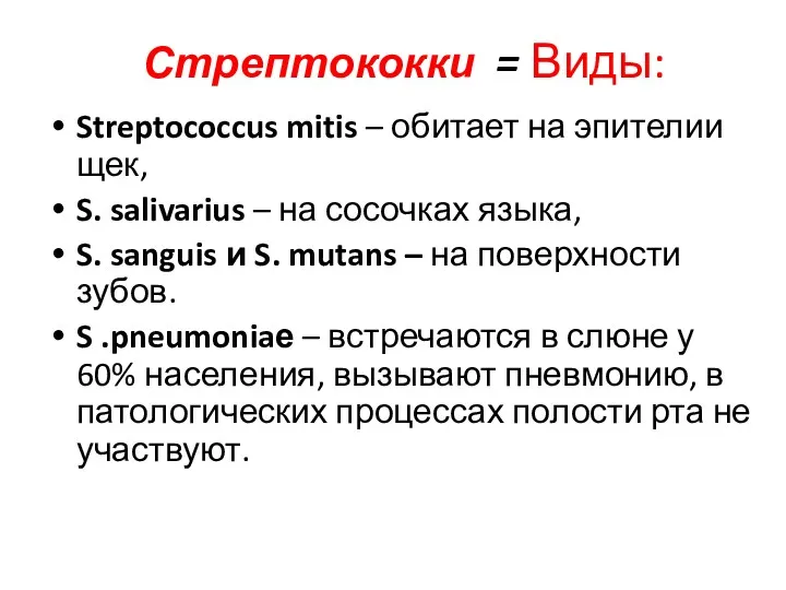 Стрептококки = Виды: Streptococcus mitis – обитает на эпителии щек, S. salivarius –