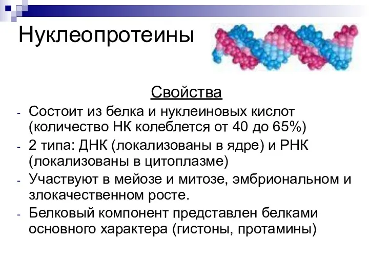 Нуклеопротеины Свойства Состоит из белка и нуклеиновых кислот(количество НК колеблется от 40 до