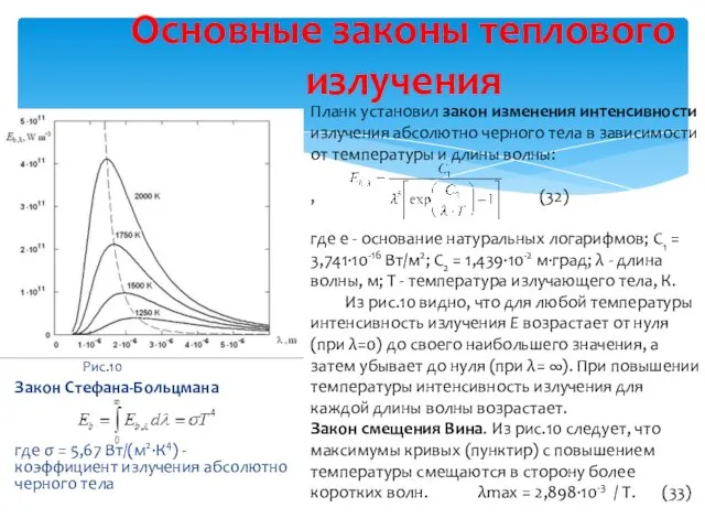 Рис.10 Закон Стефана-Больцмана где σ = 5,67 Вт/(м2∙К4) - коэффициент