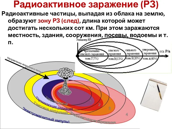 Радиоактивное заражение (РЗ) Радиоактивные частицы, выпадая из облака на землю, образуют зону РЗ