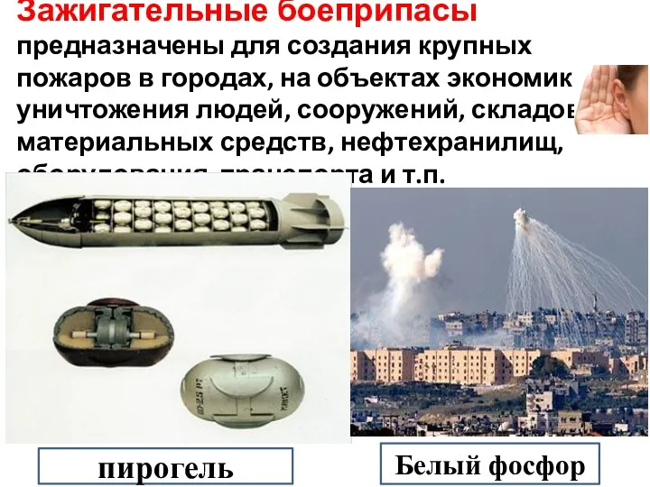 Зажигательные боеприпасы предназначены для создания крупных пожаров в городах, на объектах экономики, уничтожения