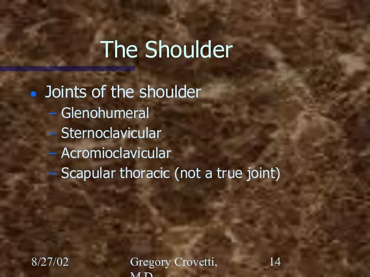 8/27/02 Gregory Crovetti, M.D. The Shoulder Joints of the shoulder