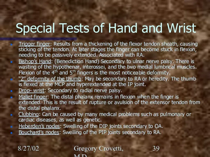 8/27/02 Gregory Crovetti, M.D. Special Tests of Hand and Wrist