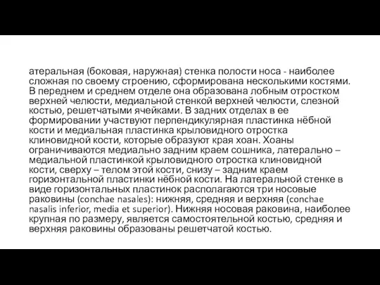 атеральная (боковая, наружная) стенка полости носа - наиболее сложная по своему строению, сформирована