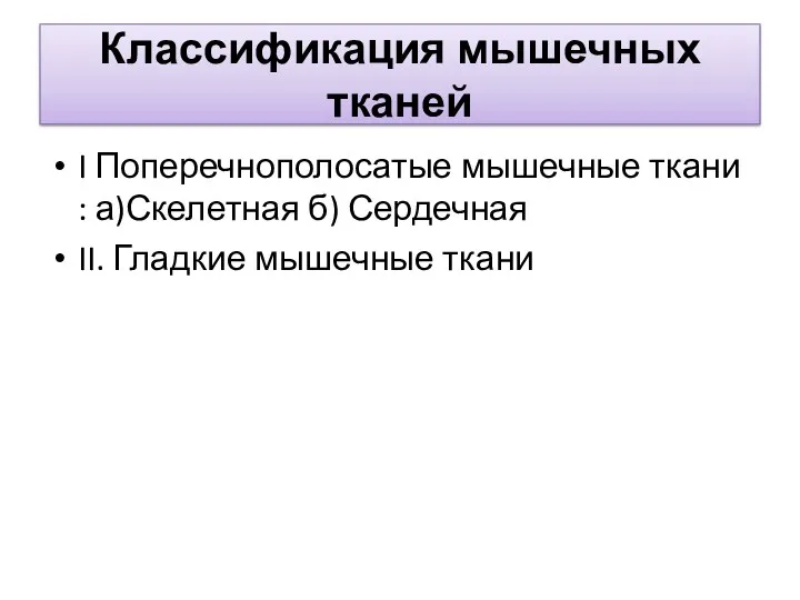 Классификация мышечных тканей I Поперечнополосатые мышечные ткани : а)Скелетная б) Сердечная II. Гладкие мышечные ткани