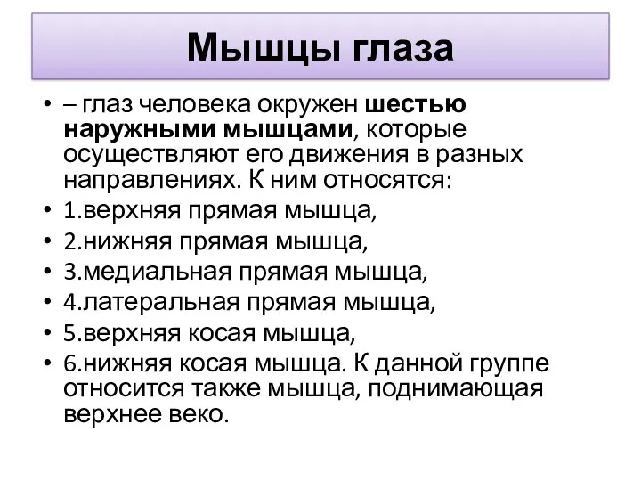 Мышцы глаза – глаз человека окружен шестью наружными мышцами, которые осуществляют его движения