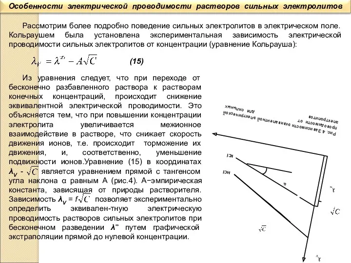 Рассмотрим более подробно поведение сильных электролитов в электрическом поле. Кольраушем