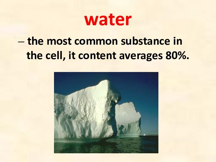 – the most common substance in the cell, it content averages 80%. water
