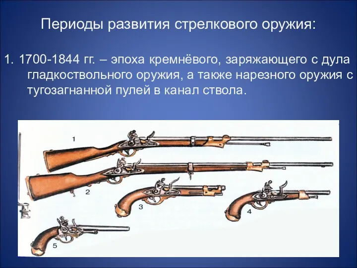 Периоды развития стрелкового оружия: 1. 1700-1844 гг. – эпоха кремнёвого,