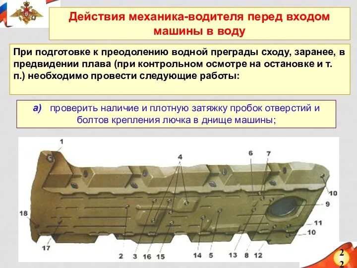 22 При подготовке к преодолению водной преграды сходу, заранее, в