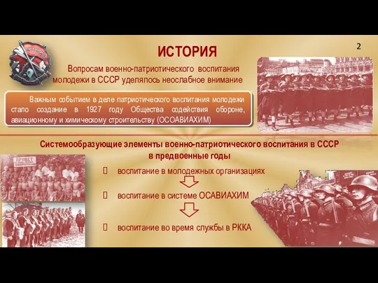 ИСТОРИЯ Системообразующие элементы военно-патриотического воспитания в СССР в предвоенные годы