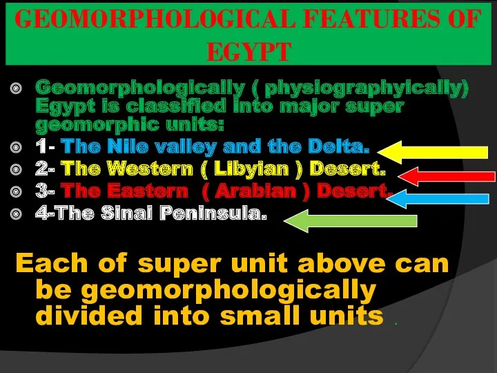 Geomorphologically ( physiographyically) Egypt is classified into major super geomorphic