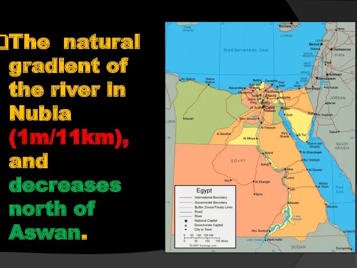 The natural gradient of the river in Nubia (1m/11km), and decreases north of Aswan.