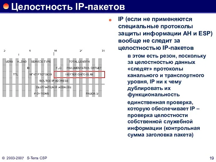 © 2003-2007 S-Terra CSP Целостность IP-пакетов IP (если не применяются